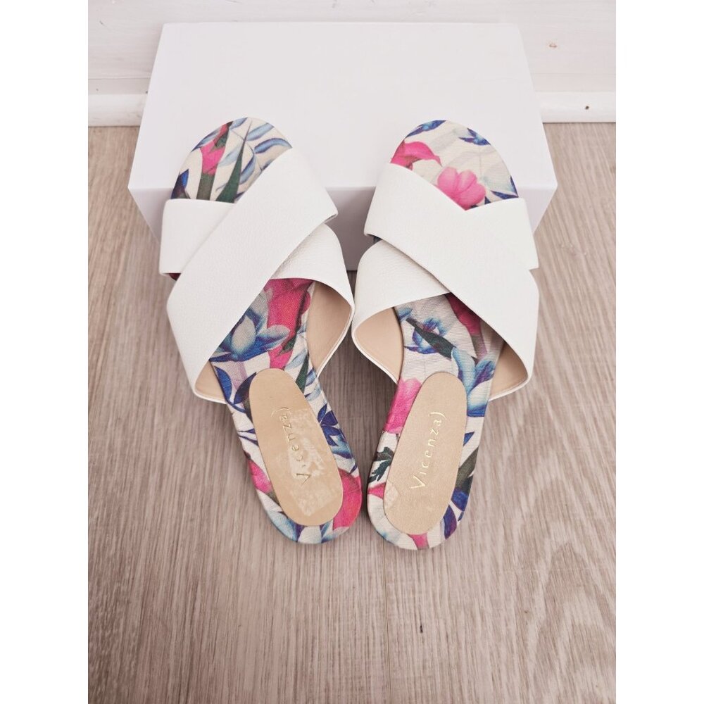 Vicenza Anthropologie Cross Band Slide Sandals 6 37 White Floral Slip On Shoes